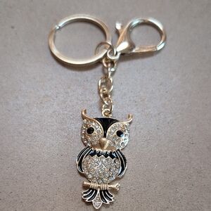 Black Enamel & Crystal Owl Keychain Bag Charm